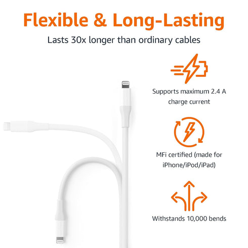 Amazon Basics - 1-Pack USB-A to Lightning ABS Charger Cable, MFi Certified for Apple iPhone 14 13 12 11 X Xs Pro, Pro Max, Plus, iPad, 10,000 Bend...