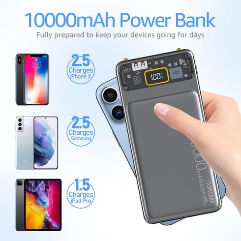 10000mAh Power Bank,Slim Portable Charger,PD 22.5W Fast Charging 5V/3A USB-C Output,Battery Pack with Emergency Lighting,Compatible iPhone and And...
