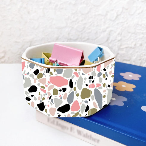 Ceramic Paper Clip Holder Gold Line Paper Clip Dispenser Organizer for Desk Cute Terrazzo Marble Pattern Office Binder Clip Holder Bobby Pin and H...