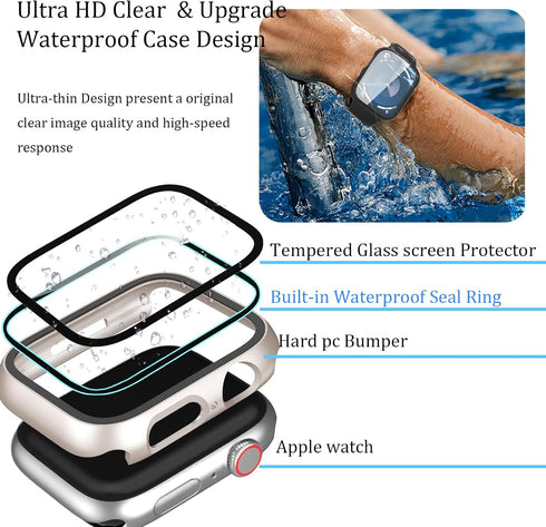 2 Pack Waterproof Case for Apple Watch 44mm SE (2nd Gen) Series 6 5 4 with Tempered Glass Screen Protector, Full Protective Hard PC Bumper Case Fa...