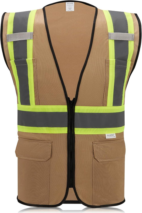 High Visibility Reflective Safety Vest with Zipper and Pockets Khaki,L...