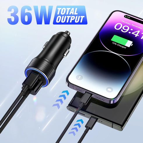 USB Car Charger Adapter, Bangfun 36W/12V USB C Car Charger Dual Port QC&PD3.0 Fast Charging Cigarette Lighter USB Charger Plug for iPhone 15 14 13...