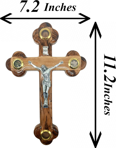 Zuluf 10.6" Olive Wood Wall Crucifix Catholic Hanging Cross with Relics Holy Essences Orthodox Holy Land Gift CRS033...