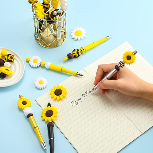 24 Pcs Plastic Beadable Pens Bead Pens Leopard Print Sun Flower Silicone Beads Pens 50 Spacer Beads DIY Black Ink Ballpoint Pen for Women Kids Off...