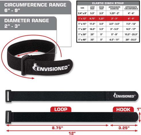 Elastic Reusable Cinch Straps 1"x12" - 10 Pack Hook and Loop - Plus 2 Free Bonus Reusable Cable Ties...