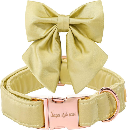Unique style paws Silk Yellow Color Dog Collar Adjustable Durable Dog Collar with Bow Wedding Bow tie Dog Collar for Medium Dogs...