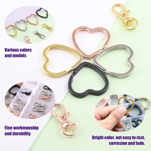 Swpeet 60Pcs Round and Heart Shape 4 Colors Key Rings O Rings with Metal Swivel Lobster Claw Clasp Keychain Assortment Kit, Flat Keychain Rings Me...
