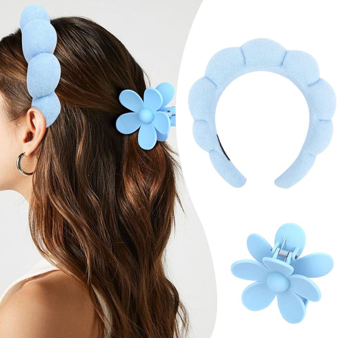 10Pcs Blue Spa Headband and Wrist Washbands Set, Skincare Headband Face Wash Headband Makeup Headband, Flower Hair Claw Clip and 6Pcs Slip Hair Ti...