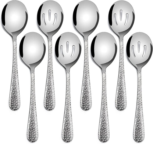 Hammered Serving Spoons, E-far 8-Piece Metal Serving Utensils Set - Solid Spoon x 4, Slotted Spoon x 4, Stainless Steel Hostess Tablespoons Set Se...