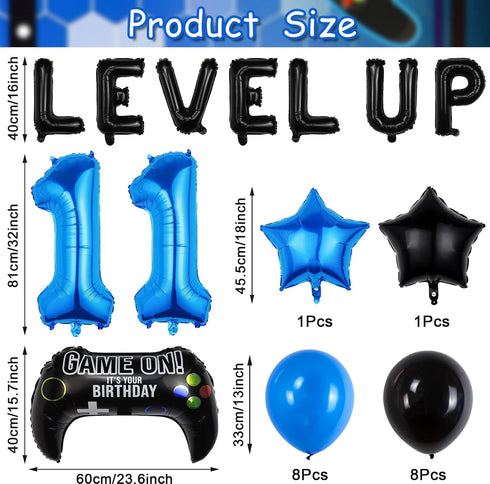 Video Game Birthday Party Set, Level Up 11 Video Game Balloons Controller Balloons Blue Black Stars Aluminum Foil Balloons Kit Decorations (11TH)...