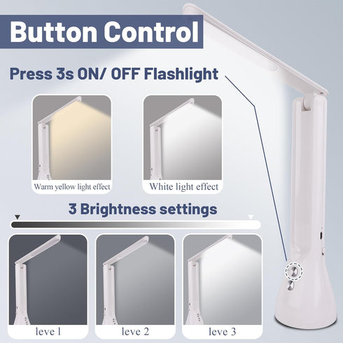 2-in-1 LED Desk Lamp Base with Flashlight for Home Office, Rechargeable, 3 Lighting Modes, Foldable & Portable Light, Cordless Table Bedside lamps...