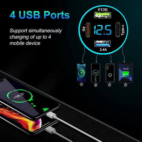 65W Car Charger 4 Port USB Car Charger Adapter PD QC3.0 Cigarette Lighter USB Charger with LED Voltmeter Fast Car Charger Compatible with Samsung ...