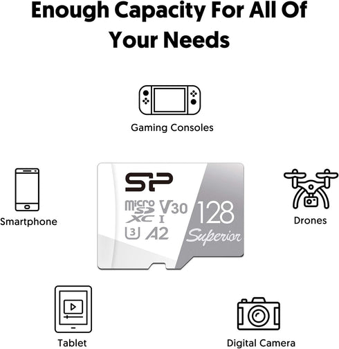 Silicon Power 128GB Superior Micro SDXC UHS-I (U3), V30 4K A2, High Speed MicroSD Card with Adapter...
