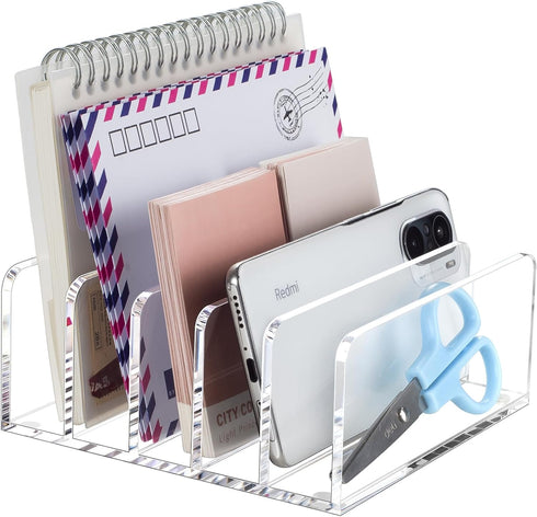 BEYGORM Acrylic Mail Holder, Clear Desk Organizer with Divider, Vertical Letter Sorter for Desktop, 5 Compartments Modern Office Home Envelope Org...