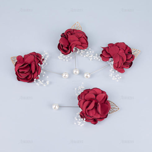 AUEAR, 4 Pack Wine Red Rose Groom Flowers Boutonniere Pearl Groomsmen Brooch for Party Decoration Party Decoration...
