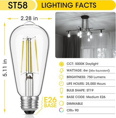 Vintage LED Edison Bulbs, 6W, Equivalent 60W, High Brightness Daylight 5000K, ST58 Antique LED Filament Bulbs with 90+ CRI, E26 Medium Base, Dimma...