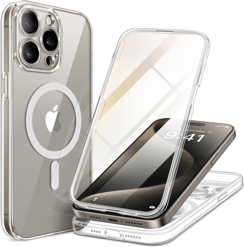 BERFY Magnetic for iPhone 15 Pro Max Case, Compatible with Magsafe, Built-in 9H Tempered Glass Screen Protector & Full Camera Protection, Full Bod...