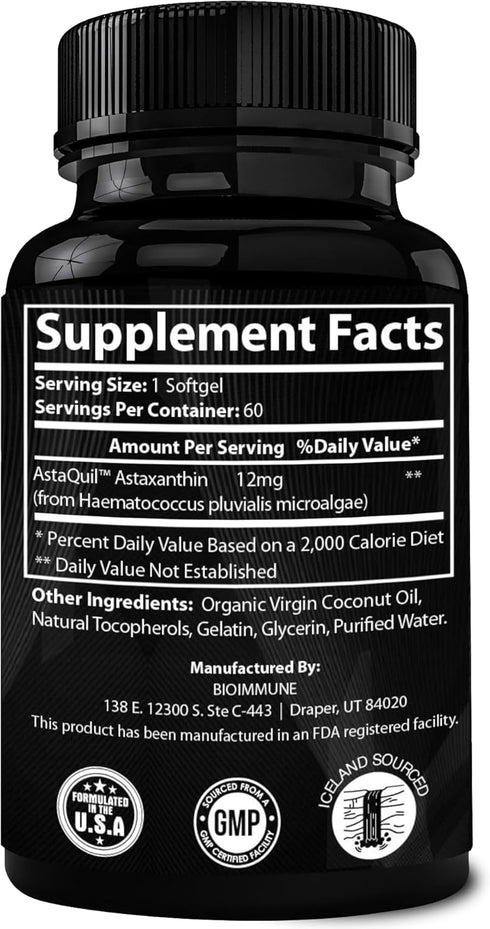 Triple Strength AstaQuil™ Astaxanthin 12mg Enhanced Absorption, 60 Softgels w/Organic Coconut Oil. Powerful Antioxidant for Eye, Joint & Heart Hea...