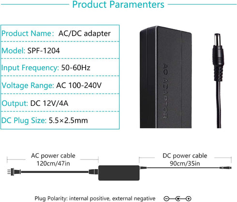 AC Adapter Power Supply 12V 4A 48W AC/DC Power Adapter with 5.5x2.1mm DC Plug 12V 4A 48W for LCD Monitor, LED Strip Light and Other Low Voltage De...