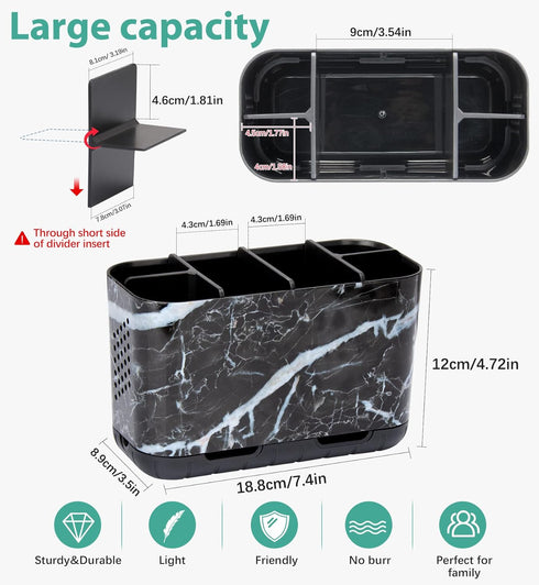 Boperzi Black Toothbrush Holder for Bathroom Toothpaste Organizer Countertop, Detachable Anti-slip Marble Toothpaste Storage Caddy 6 Slots with Dr...