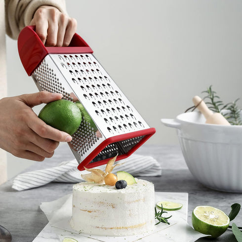 Spring Chef Professional Red 10" Parmesan Cheese Grater With Container, Stainless Steel & Soft Grip Handle, 4 Sided Kitchen Carrot Shredder, Handh...