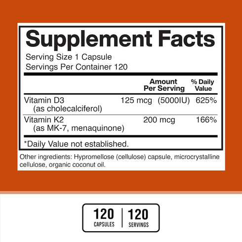 American Standard Supplements Vitamin D3 5000 IU (125mcg) Plus Vitamin K2 (MK7) 200mcg Per Capsule - Gluten Free, Non-GMO, 120 Capsules, 120 Servi...