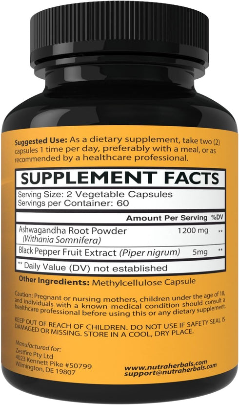 Ashwagandha Supplement Made with Premium Ashwaganda Root Powder 1200mg with Black Pepper Extract for Increased Absorption - 120 Vegi Capsules...