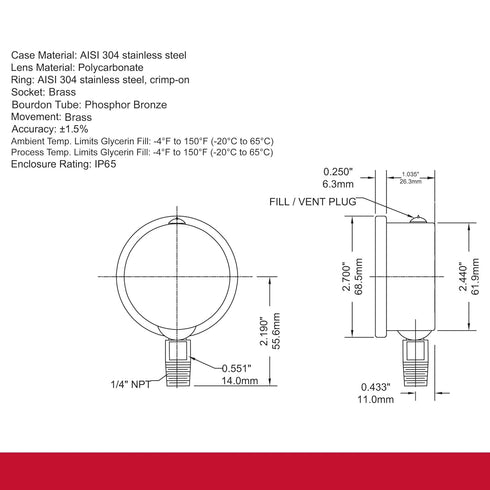 Winters 2-1/2" Dial Size, Liquid Filled Industrial Pressure Gauge, Brass Internals, 304 Stainless Steel Case, Single Scale 0-60 psi, 1.5% Acc, 1/4...