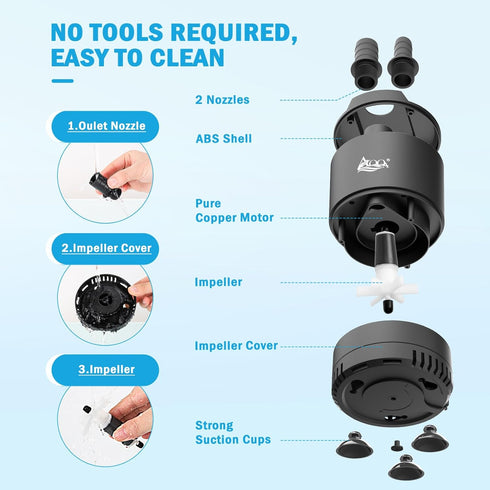 AQQA 160-800GPH Aquarium Submersible Water Pump Fish Tank Small Water Pump Adjustable Waterflow with 2 Nozzles for Fish Tank Water Circulation Poo...
