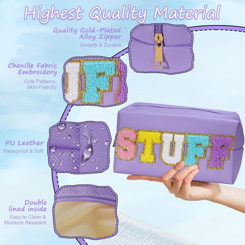4Pcs Premium Preppy Makeup Bag Set, Fashion Chenille Letter Waterproof PU Leather Cosmetic Bags, Multi Colors Large Capacity Travel Makeup Bag Set...