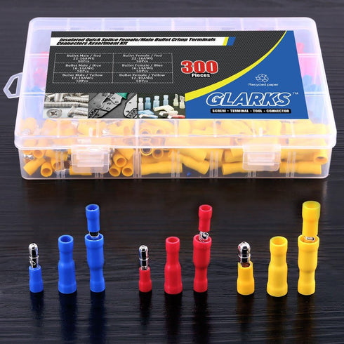 Glarks 300pcs 22-16 / 16-14 / 12-10 Gauge Insulated Quick Splice Female / Male Bullet Crimp Terminals Connectors Assortment Kit...