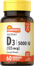 Sundance D3 5,000 IU (125 mcg) | 60 Quick Release Softgels | High Potency Essential Vitamin Supplement | Non-GMO and Gluten Free...