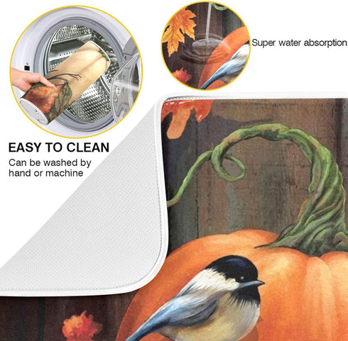 Absorbent Dish Drying Mat for Kitchen Counter - Pumpkin Birds Thanksgiving Day Microfiber Drying Pad, Reversible Drainer Mats for Countertop, Larg...