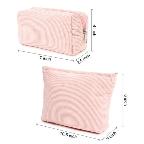 2 Pieces Corduroy Pink Makeup Bag Large Corduroy Cosmetic Bag Capacity Canvas Travel Toiletry Bag Organizer Cute Makeup Brushes Aesthetic Accessor...