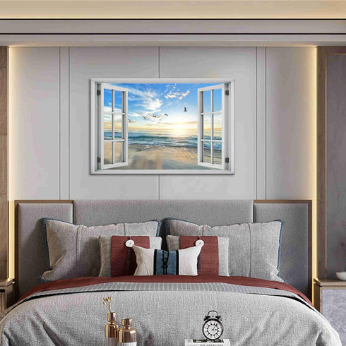 Beach Wall Decor Window View Posters Ocean Seagull Wall Art Nature Landscape Picture Posters Print on Canvas Painting Wall Art for Bedroom Bathroo...