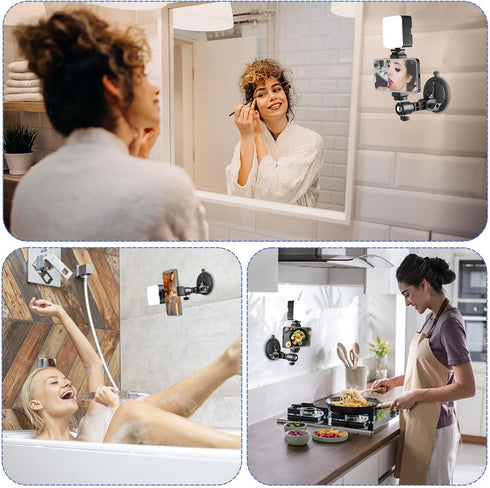 Suction Cup Mirror Phone Holder with Light, Travel Wall Phone Camera Mount for Makeup Content Creator Essentials, Mirror Tripod for Bathroom Kitch...