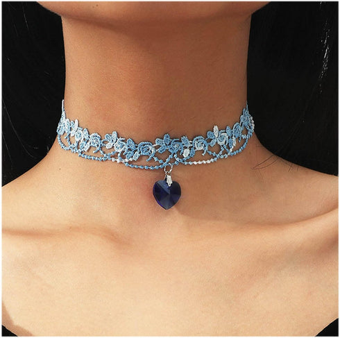 Boho Lace Choker Necklace Short Sapphire Heart Pendant Necklace Blue Heart Crystal Necklace Vintage Lace Flower Necklace Jewelry for Women...