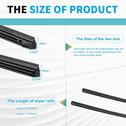 ZOFFI Hybrid Windshield Wiper Blade Refills 26"+17" Set of 4, 8.5mm width with natural AAAA level rubber...