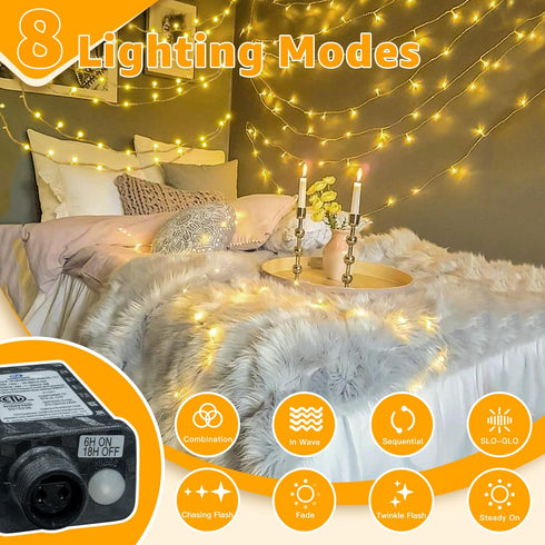Ollny String Lights 120LED 40FT, Warm White Fairy Lights Waterproof Connectable Timer, 8 Modes Plug in Christmas Lights for Bedroom Outdoor Party ...