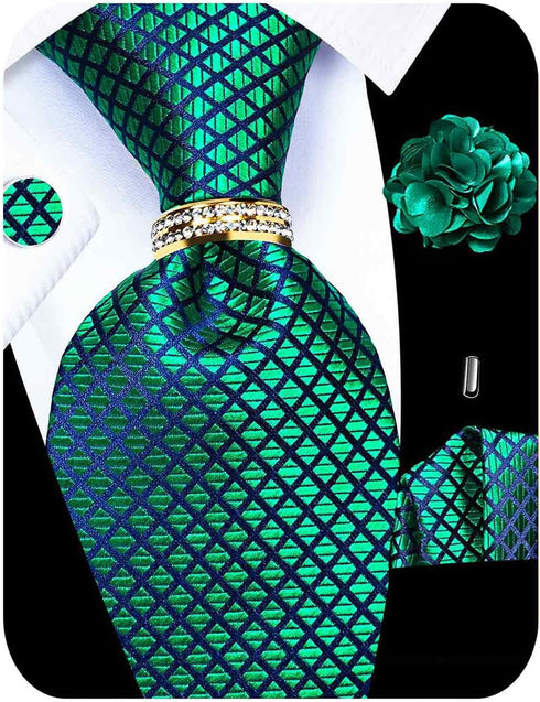 5PCS Tie and Pocket Square for Men, Silk Necktie and Handkerchief Cufflinks with Gold Ring and Lapel Pin Set...