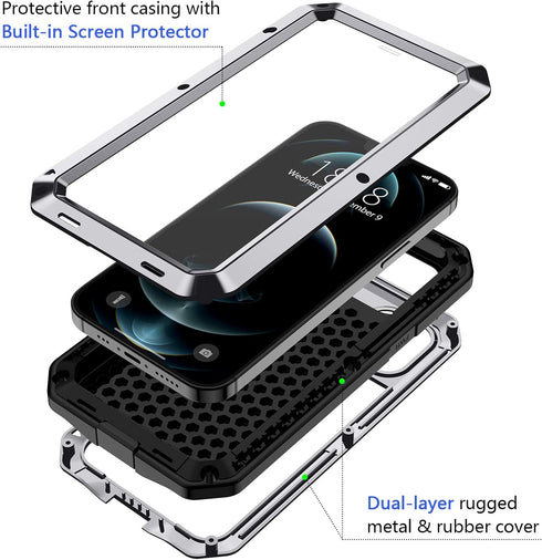 Lanhiem for iPhone 12 Pro Max Metal Case, Heavy Duty Shockproof Tough Rugged Case with Built-in Glass Screen Protector, 360 Full Body Dust Proof P...