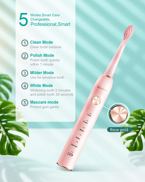 Electric Toothbrush for Adults, 5 Modes, 38,000 VPM Rechargeable, Dupont Brush Heads, Travel-Friendly, 1 Handle, Pink...