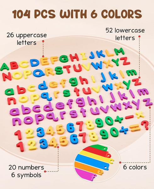 104PCS Magnetic Letters Numbers Alphabet Fridge Magnets ABC 123 Preschool Educational Learning Plastic Colorful Toy Set Uppercase Lowercase Math S...