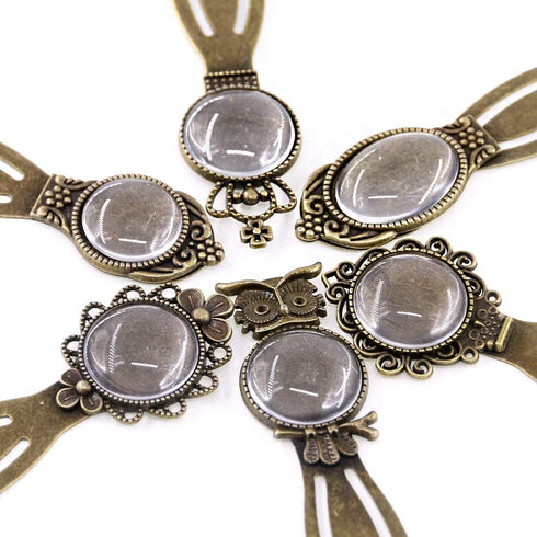Glarks 12-Pieces Mixed Metal Antique Bronze Bookmark Sets, 6 Styles Round and Oval Alloy Trays and Glass Cabochons for Reading Gift Crafting DIY B...
