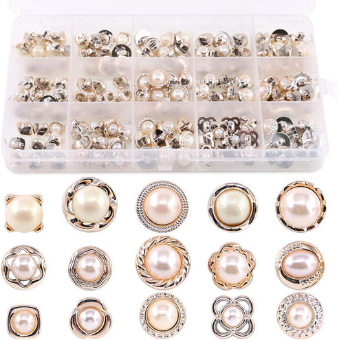 Swpeet 150Pcs 15 Types Beautifu Sew in Faux Pearl Buttons Sewing Crafts with Shank Cover Up Buttons for Clothes Shirts Suits Coats Sweaters Storag...