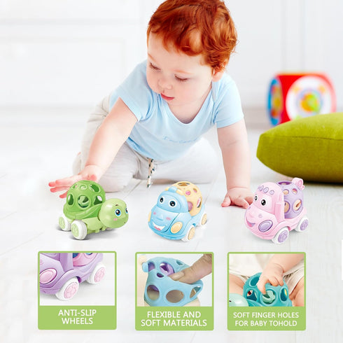 Tepear Baby Toy Car, Rattle & Roll Cars for Toddler Aged 1-3, Push and Go Toys with Soft Rubber 6-12 Month Infant, 3PCS Friction Powered Truck, Ba...
