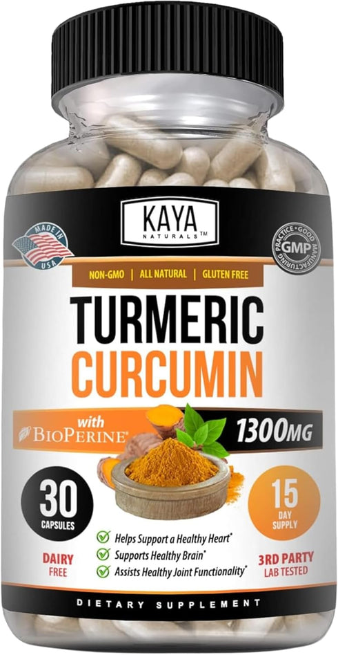 Kaya Naturals Turmeric Nature Made Bioperine, Joint Support with 95% Standardized Curcuminoids | Curcumin Nature Made - 1300mg Turmeric Capsules |...