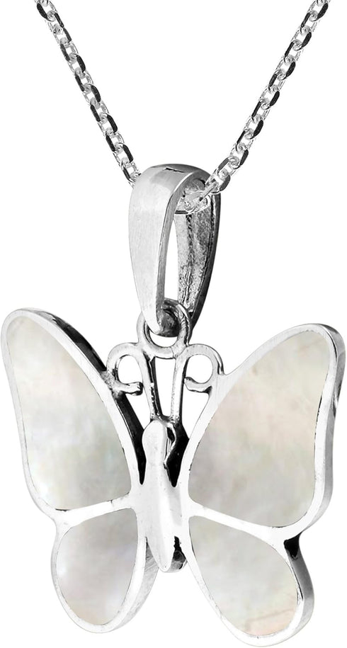 AeraVida Tropical Soul Butterfly Inlaid White Mother of Pearl .925 Sterling Silver Pendant Necklace | Butterfly Necklace | Mother of Pearl Butterf...