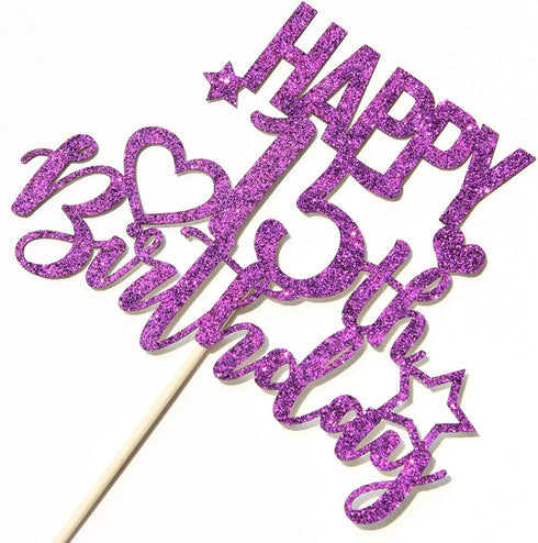 INNORU Purple Glitter Happy 15th Birthday Cake Topper for Cheers to 15 Years - Teenager Children's Birthday Party Cake Decorations...