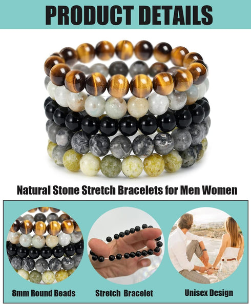 BOMAIL 5PCS Semi-Precious Gemstone Bracelet - Healing Crystal Stone Beaded Bracelets for Women Men 8mm Round Beaded Stretch Bracelets Unisex Yoga ...